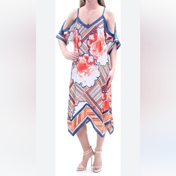 Blue and Orange RACHEL Rachel Roy Asymmetrical Ruffled Wrap Midi Dress - Picture 1 of 6